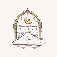 Ramadan Kareem Illustration With Crescent Moon And Lantern Concept. Hand Drawn Sketch Style vector