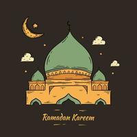 Ramadan Kareem Illustration With Mosque And Crescent Moon Concept. Hand Drawn Sketch Style vector