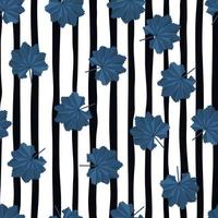 Random navy blue tropic flowers shapes seamless pattern in doodle style. Black and white striped background. vector
