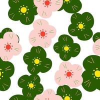 Summer seamless pattern with green and pink colored scandi flowers shapes. Isolated backdrop. vector