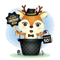 Black friday sale with a cute deer in the basket hold board promotion and shopping bag illustration vector