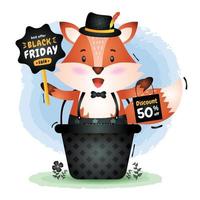 Black friday sale with a cute fox in the basket hold board promotion and shopping bag illustration vector