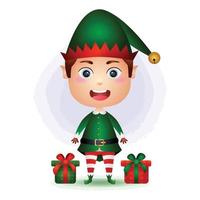 cute boy elf with gifts box vector illustration