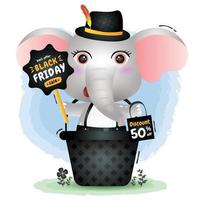 Black friday sale with a cute elephant in the basket hold board promotion and shopping bag illustration vector