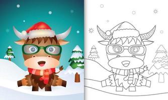 coloring book with a cute buffalo christmas characters with using santa hat and scarf vector