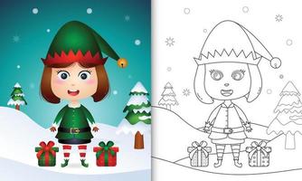 libro para colorear con una linda niña duende personajes navideños con un saco de regalos vector