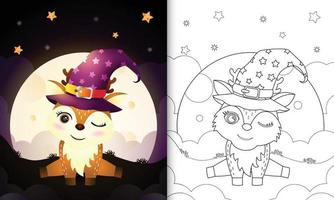 libro para colorear con un lindo dibujo animado de bruja de halloween ciervo frente a la luna vector