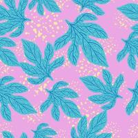 Abstract seamless pattern with blue bright leaves random ornament. Pink background with splashes. vector