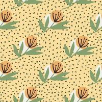 Bright botanic seamless pattern with orange dandelion. Pastel yellow background with dots. vector