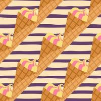 Waffle cone ice cream seamless food pattern. Beige background with purple strips. Simple design. vector