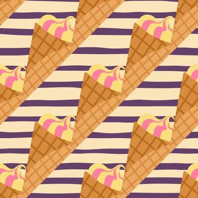 Waffle cone ice cream seamless food pattern. Beige background with purple strips. Simple design.