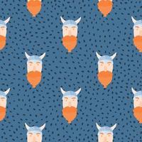 Bright medieval seamless pattern with viking faces. Scandinavian mans with beards on navy blue dotted background. vector