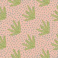 Pale tones seamless cartoon pattern with green outline shrub print. Pink pastel dotted background. vector