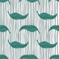 Citrus plants seamless pattern with simple turquoise mandarin leaf shapes. Striped blue background. vector