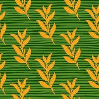 Bright orange foliage print seamless botanic pattern. Striped green background. Nature backdrop. vector