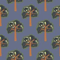 Green and brown tones tree ornament seamless pattern. Simple forest ornament on navy blue background. vector