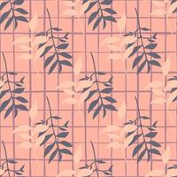 Tender branch leaves seamless vintage pattern. Stylized botanic ornament on background with check. Pink and navy colors palette. vector