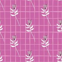 White twigs and flowers seamless pattern. Bright lilac background with check. Simple floral print. vector