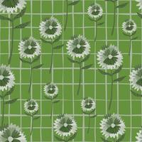 Random seamless blow-ball doodle pattern. White dandelion silhouettes on green background with check.
