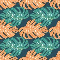 Bright seamless pattern with blue and orange abstarct monstera shapes. Navy blue background. vector