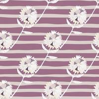 White blow-ball flower silhouettes seamless pattern. Purple stripped background. vector