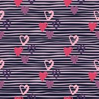 Seamless valentine pattern with love designed hearts. Valentine shapes in pink and lilac color on background with dark strips. vector