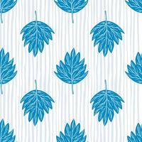 Scrapbook seamless pattern with botanic bright blue leaf ornament. Striped light background. vector