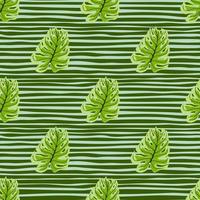 Decorative seamless pattern with jungle green monstera leaf ornament. Striped background. vector