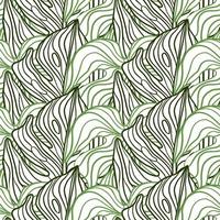 Hand drawn seamless pattern with green contoured big monstera leaves ornament. Abstract outline print. vector