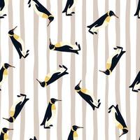 Polar zoo seamless pattern with random black penguins doodle ornament. Light striped background. vector