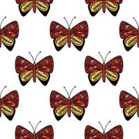 Seamless insect isolated pattern with red and yellow folk butterfly ornament. White background. vector