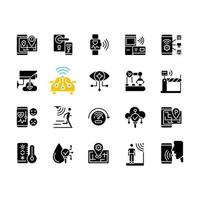 IoT black glyph icons set on white space. Wifi regulation. Internet of Things. Remote control for devices. Smart appliance tech. Silhouette symbols. Solid pictogram pack. Vector isolated illustration