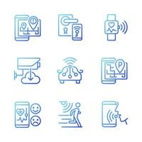 Internet of things gradient linear vector icons set. Wireless technology. Remote access. IoT appliance. Thin line contour symbol designs bundle. Isolated outline illustrations collection