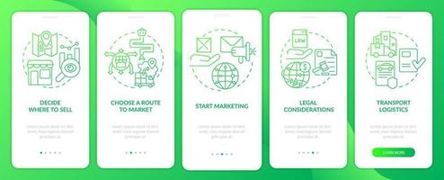 Export business tips green gradient onboarding mobile app screen. Walkthrough 5 steps graphic instructions pages with linear concepts. UI, UX, GUI template. Myriad Pro-Bold, Regular fonts used vector