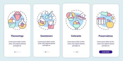 Food additives onboarding mobile app screen. Synthetic and natural walkthrough 4 steps graphic instructions pages with linear concepts. UI, UX, GUI template. Myriad Pro-Bold, Regular fonts used vector