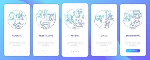 Office environment types blue gradient onboarding mobile app screen. Walkthrough 5 steps graphic instructions pages with linear concepts. UI, UX, GUI template. Myriad Pro-Bold, Regular fonts used vector