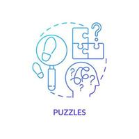 Puzzles blue gradient concept icon. Escape room general component abstract idea thin line illustration. Riddle-solving adventure. Detective mystery. Isolated outline drawing. Myriad Pro-Bold font used vector