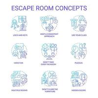 Escape room blue gradient concept icons set. Puzzle-solving adventure idea thin line color illustrations. Keep consistent approach. Isolated symbols. Roboto-Medium, Myriad Pro-Bold fonts used vector
