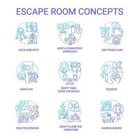 conjunto de iconos de concepto de gradiente azul de la sala de escape. ideas de aventura para resolver acertijos ilustraciones en color de línea delgada. mantener un enfoque consistente. símbolos aislados. roboto-medium, innumerables fuentes pro-bold utilizadas vector