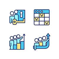 Team project pixel perfect RGB color icons set. Problem solving. Task management software. Common goal. Isolated vector illustrations. Simple filled line drawings collection. Editable stroke