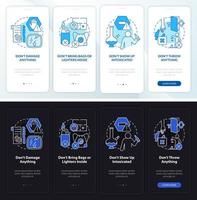 Precauciones de la sala de escape Pantalla de la aplicación móvil incorporada en el modo día y noche. tutorial 4 pasos páginas de instrucciones gráficas con conceptos lineales. interfaz de usuario, ux, plantilla de interfaz gráfica de usuario. innumerables fuentes pro-negrita y regulares utilizadas vector