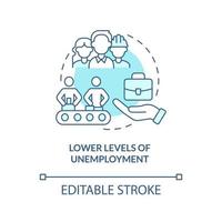 Lower levels of unemployment turquoise concept icon. Centrally planned ES advantages abstract idea thin line illustration. Isolated outline drawing. Editable stroke. Arial, Myriad Pro-Bold fonts used vector