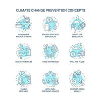 conjunto de iconos de concepto turquesa de prevención del cambio climático. evitar la idea del calentamiento global ilustraciones en color de línea delgada. dibujos de contorno aislados. trazo editable. roboto-medium, innumerables fuentes pro-bold utilizadas vector