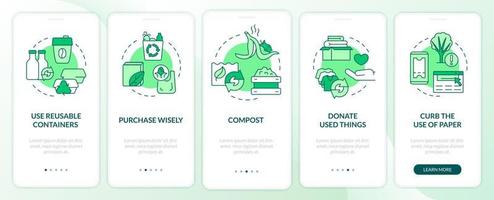 How to minimize waste green onboarding mobile app screen. Walkthrough 5 steps graphic instructions pages with linear concepts. UI, UX, GUI template. Myriad Pro-Bold, Regular fonts used vector