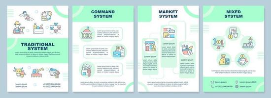 Economic system types green brochure template. Manufacturing goods. Leaflet design with linear icons. 4 vector layouts for presentation, annual reports. Arial-Black, Myriad Pro-Regular fonts used