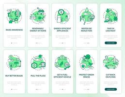 conjunto de pantalla de aplicación móvil de incorporación verde de cambio climático y calentamiento global. tutorial 5 pasos páginas de instrucciones gráficas con conceptos lineales. interfaz de usuario, ux, plantilla de interfaz gráfica de usuario. innumerables fuentes pro-negrita y regulares utilizadas vector