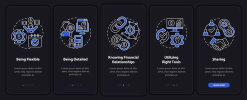 pantalla de la aplicación móvil de incorporación del modo nocturno del presupuesto de la empresa. tutorial de finanzas corporativas páginas de instrucciones gráficas de 5 pasos con conceptos lineales. interfaz de usuario, ux, plantilla de interfaz gráfica de usuario. innumerables fuentes pro-negrita y regulares utilizadas vector