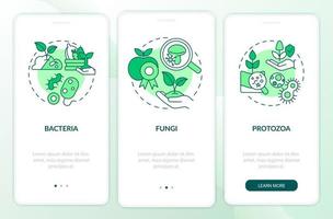 Microorganisms in agriculture green onboarding mobile app screen. Walkthrough 3 steps graphic instructions pages with linear concepts. UI, UX, GUI template. Myriad Pro-Bold, Regular fonts used vector