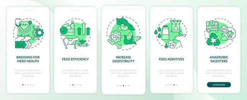 Reducing methane emissions green onboarding mobile app screen. Walkthrough 5 steps graphic instructions pages with linear concepts. UI, UX, GUI template. Myriad Pro-Bold, Regular fonts used vector