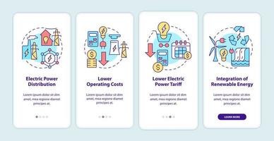 Smart grid characteristics onboarding mobile app screen. Technology walkthrough 4 steps graphic instructions pages with linear concepts. UI, UX, GUI template. Myriad Pro-Bold, Regular fonts used vector